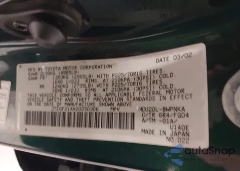 2002 Toyota Highlander V6 from USA, damaged, VIN JTEGF21AX20050306